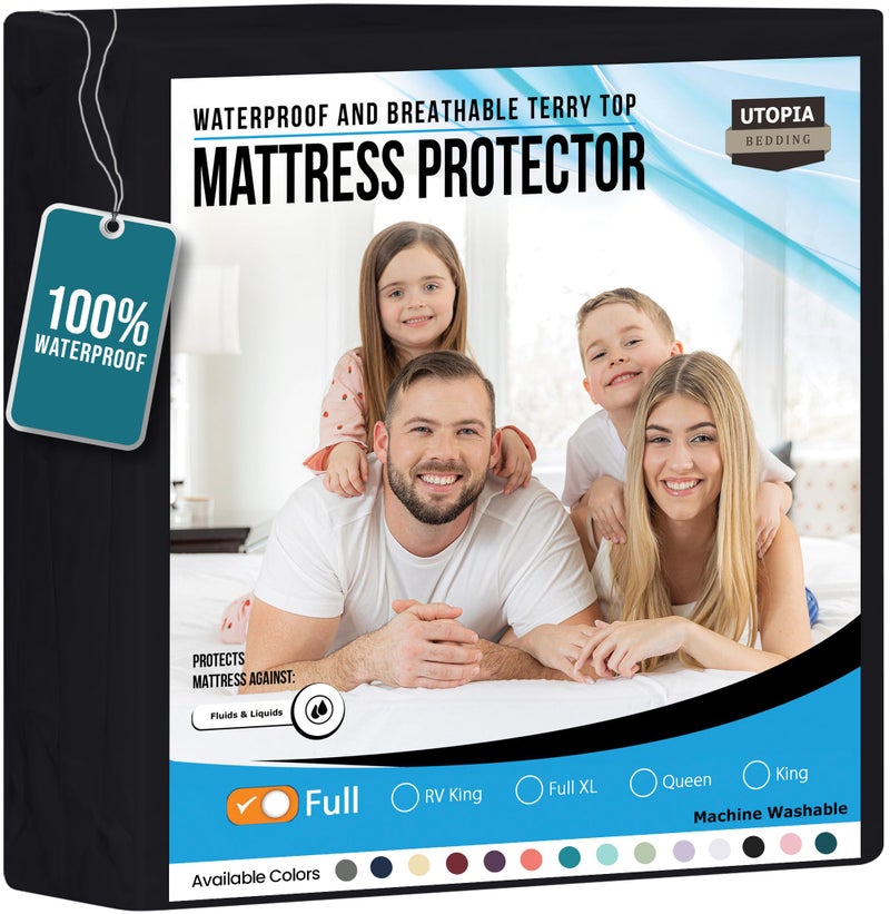 Utopia Bedding Waterproof Mattress Protector Full Size Premium Terry Mattress Cover 200 GSM Breathable Fitted Style with Stretchable Pockets Black