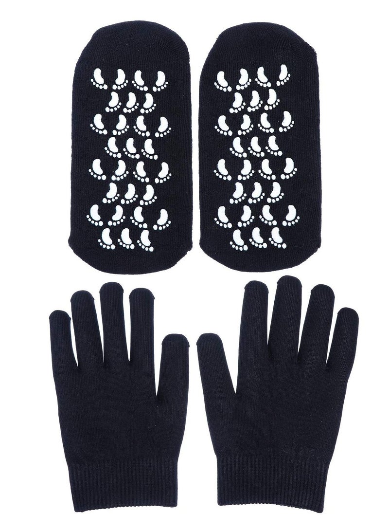 KASTWAVE Moisturizing Socks and Gloves Set Soft Cotton with Thermoplastic Gel Repair and Heal Eczema Cracked Dry Skin Gel Lining Infused with Essential Oils and Vitamins Large Size  Black  - Image 1