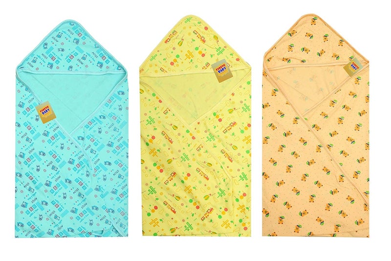 Fareto Infantbond Baby Super Soft Hosiery Single Layer Hooded Wrapper | Blanket | Towel(0-6 Months)(L-31 Inchs, B-28 Inchs, Multicolor, cotton) - Image 1
