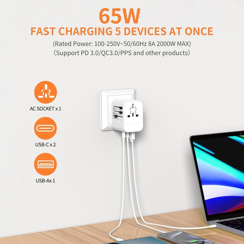CARE CASE JTP Universal Travel Adapter 65W International Universal Adapter European Laptop Travel Plug Adapter with 3 USB Ports 2 USB C Worldwide Adapter for Europe UK AUS Asia Japan Covers 300Countries - Image 2