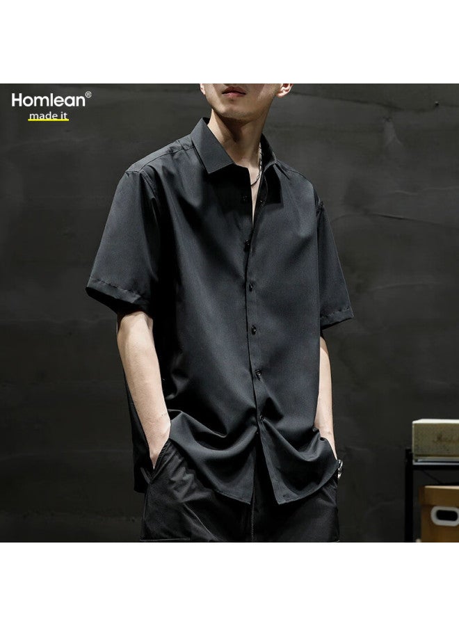Homlean Literary Short-sleeved Shirt Men's Spring And Summer Solid Color Basic Cool Half-sleeve Shirt Hl12 Black 4XL - Image 1