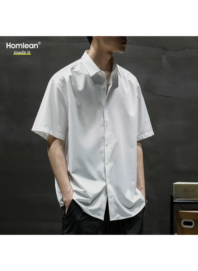 Homlean Literary Short-sleeved Shirt Men's Spring And Summer Solid Color Basic Cool Half-sleeve Shirt Hl12 Black 4XL - Image 4