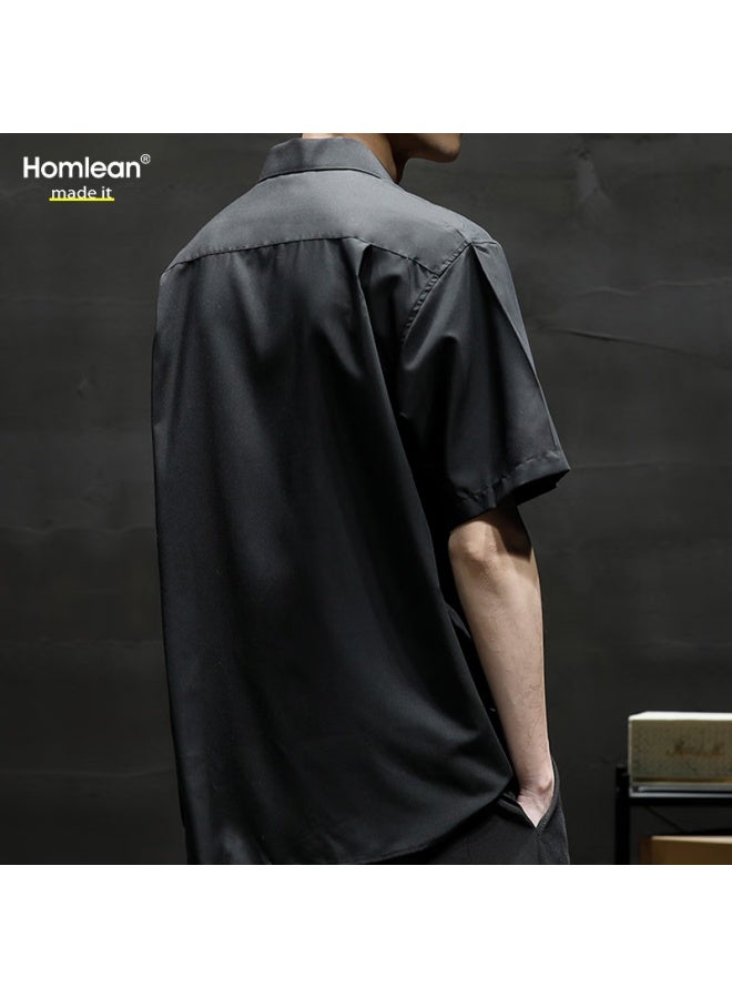 Homlean Literary Short-sleeved Shirt Men's Spring And Summer Solid Color Basic Cool Half-sleeve Shirt Hl12 Black 4XL - Image 3
