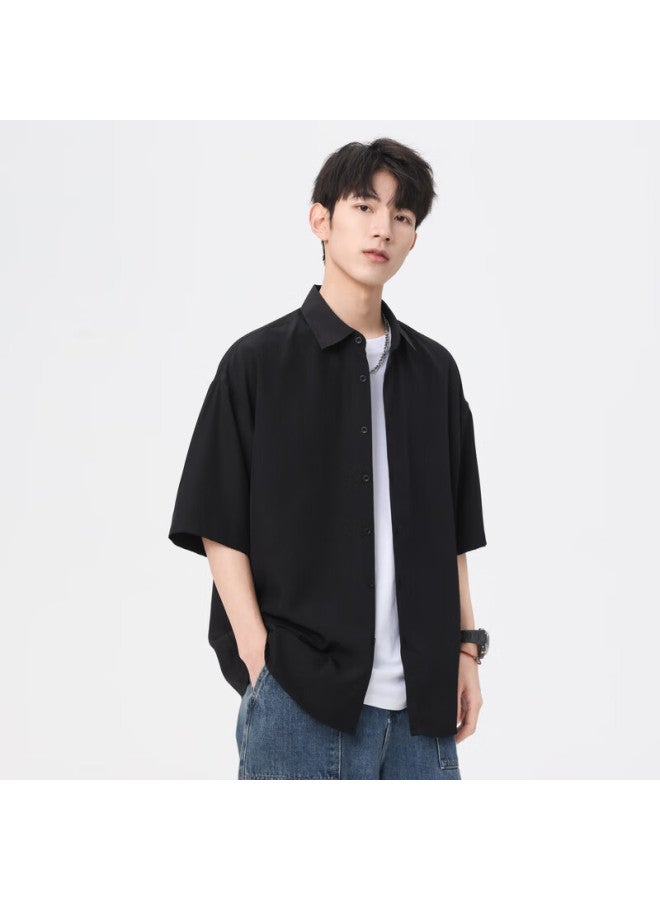 Homlean Literary Short-sleeved Shirt Men's Spring And Summer Solid Color Basic Cool Half-sleeve Shirt Hl12 Black 4XL - Image 5