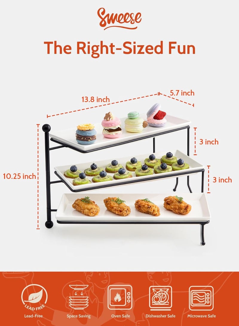 Sweese 3 Tiered Serving Stand, Foldable Rectangular Food Display Stand with White Porcelain Platters - Serving Trays, Dessert Display Server for Brithday Party, Valentine's Day and Events - Image 2
