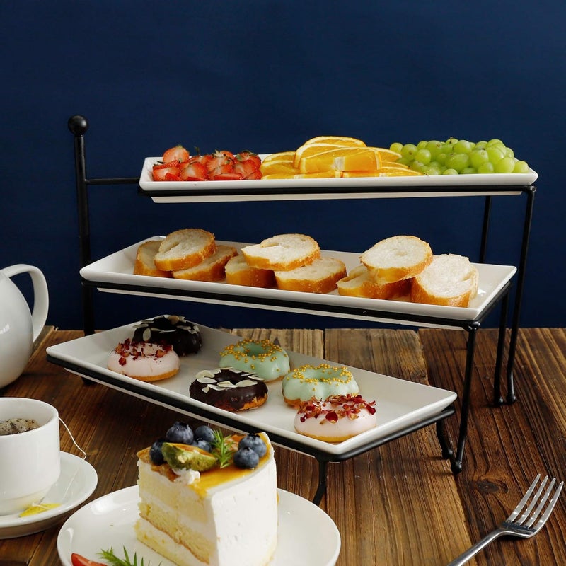 Sweese 3 Tiered Serving Stand, Foldable Rectangular Food Display Stand with White Porcelain Platters - Serving Trays, Dessert Display Server for Brithday Party, Valentine's Day and Events - Image 5