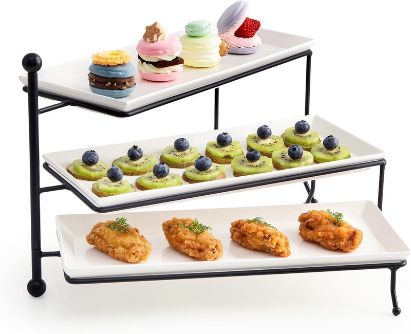 Sweese 3 Tiered Serving Stand, Foldable Rectangular Food Display Stand with White Porcelain Platters - Serving Trays, Dessert Display Server for Brithday Party, Valentine's Day and Events - Image 1