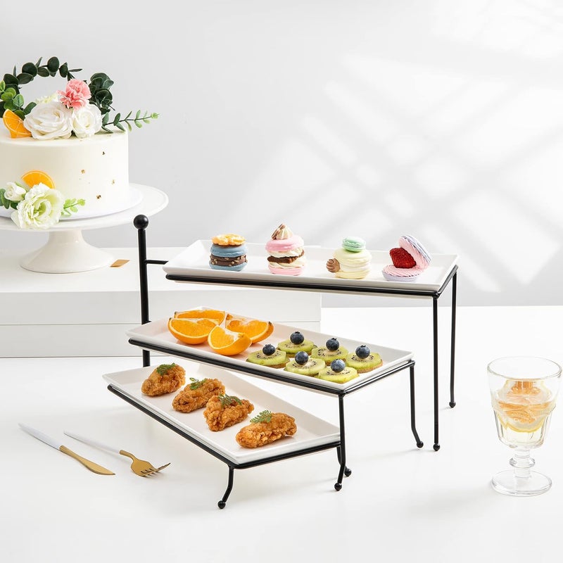 Sweese 3 Tiered Serving Stand, Foldable Rectangular Food Display Stand with White Porcelain Platters - Serving Trays, Dessert Display Server for Brithday Party, Valentine's Day and Events - Image 3