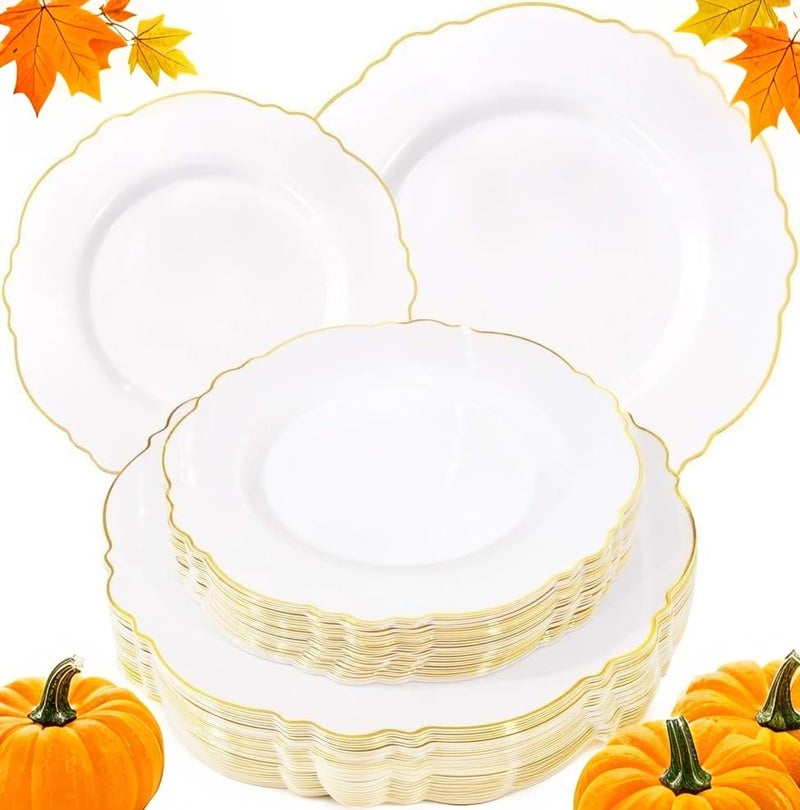 WDF 60pcs White and Gold Plastic Plates - Baroque White With Gold of 30 Heavy Duty Gold dinner plates 10.25inch, 30 Salad Plates 7.5inch Perfect for Thanksgiving Weddings/Party/Birthday - Image 1