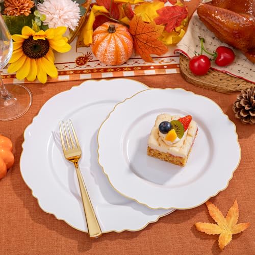 WDF 60pcs White and Gold Plastic Plates - Baroque White With Gold of 30 Heavy Duty Gold dinner plates 10.25inch, 30 Salad Plates 7.5inch Perfect for Thanksgiving Weddings/Party/Birthday - Image 3