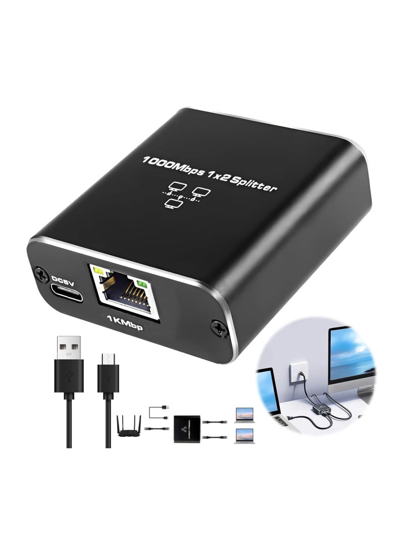 Generic 1 to 2 Ethernet Splitter with Power Cable, Gigabit Speed up to 1000Mbps, Dual Port Adapter for PC, Router, and Digital Devices  - Image 1
