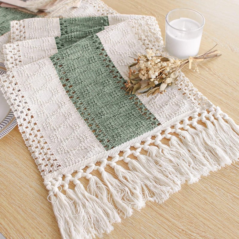 FEXIA Sage Green Table Runner 72 Inches Long with Tassels Boho for Easter Home Decor Rustic Macrame Farmhouse Table Cover for Srping Party Bohemian Bridal Shower Dining Decorations(12x72 Inches) - Image 1