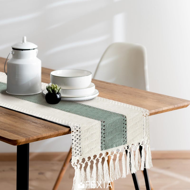 FEXIA Sage Green Table Runner 72 Inches Long with Tassels Boho for Easter Home Decor Rustic Macrame Farmhouse Table Cover for Srping Party Bohemian Bridal Shower Dining Decorations(12x72 Inches) - Image 5