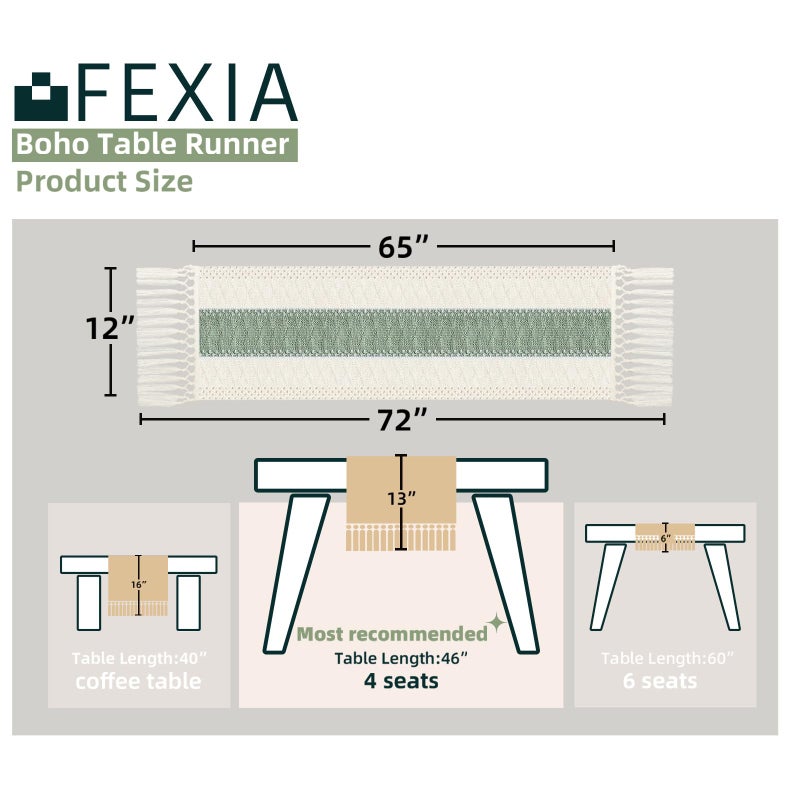 FEXIA Sage Green Table Runner 72 Inches Long with Tassels Boho for Easter Home Decor Rustic Macrame Farmhouse Table Cover for Srping Party Bohemian Bridal Shower Dining Decorations(12x72 Inches) - Image 2