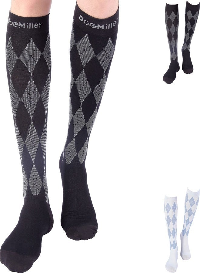 Doc Miller Knee High Compression Socks for Women, 20-30mmHg Compression Socks Men for Swelling Shin Splints and DVT Recovery, 1 Pair X-Large Black Grey Argyle Pattern - Image 1