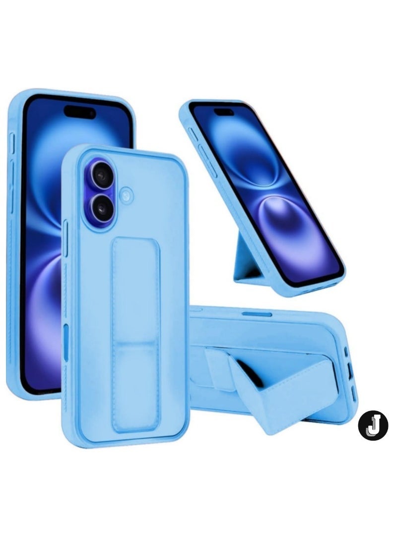 JAJEEK iPhone 16 Plus Sky Blue Magnetic Car Mount Kickstand Case – Premium Silicone Multi-Stand with Hand Strap Grip - Image 1