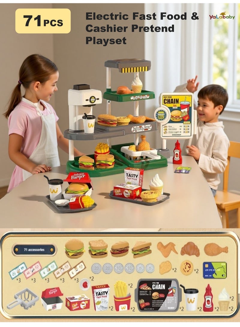 YalaBaby 71PCS Electric Pretend Play Fast Food Money Toyset ,Interactive Simulation Role Play Toy With Sound For Children Years 2 ,3+,Food Ordering Skill Money Knowledge Learning Game Toy,Birthday Gift For Girls Boys - Image 1