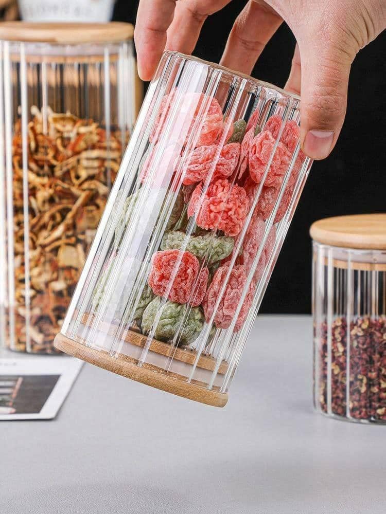 WRINGO Borosilicate Glass Food Storage Containers with Airtight Bamboo Lid Thickened Coffee Storage Jars for Home Kitchen Pantry Tea Spices Snack R Linig Set of 2 - Image 3
