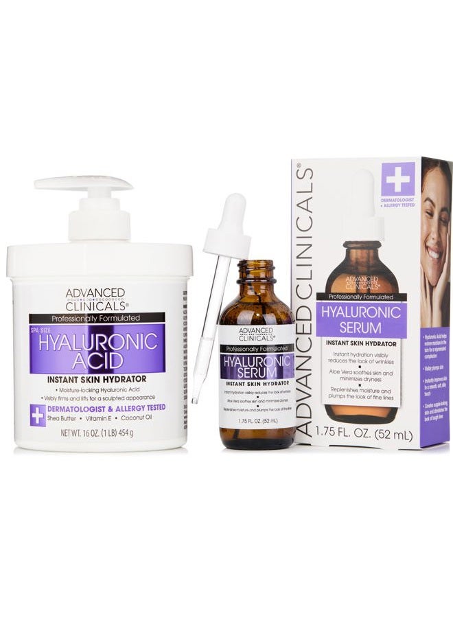 Advanced Clinicals Hyaluronic Acid Moisturizer Body Cream + Hyaluronic Acid Serum Skin Care Product 2pc Bundle, Face Serum & Body Lotion Targets Wrinkles, Dark Spots, Fine Lines, & Dry Skin, 2pc Set - Image 1