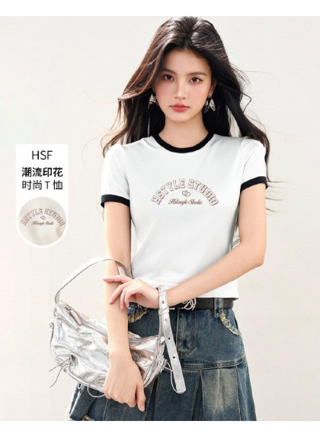 Hstyle Round Neck Women's Short Sleeve T-shirt 2025 Summer Thin Color Block Slim Fit Versatile Top - Image 1