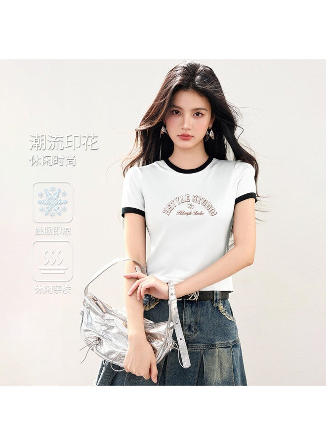 Hstyle Round Neck Women's Short Sleeve T-shirt 2025 Summer Thin Color Block Slim Fit Versatile Top - Image 2