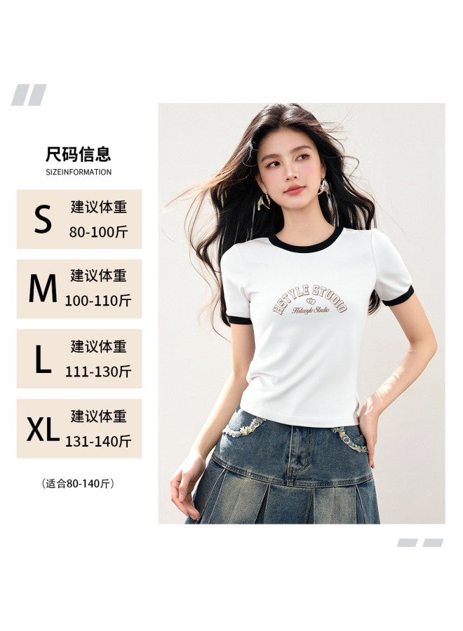 Hstyle Round Neck Women's Short Sleeve T-shirt 2025 Summer Thin Color Block Slim Fit Versatile Top - Image 4