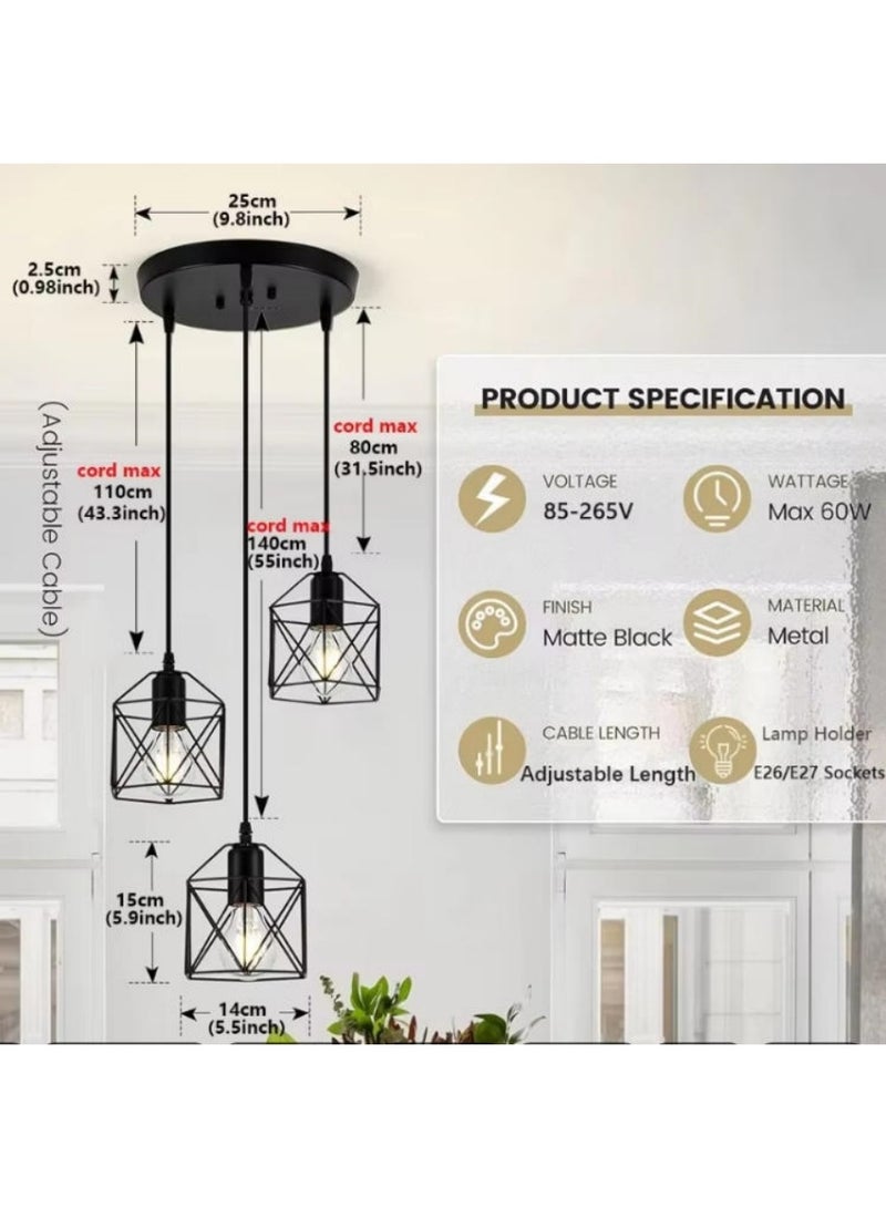 DUNISO 3-Lights Black Modern LED Pendant Light Vintage Geometric Chandelier Light Adjustable Height Metal Diamond Shaped Lampshade Hanging Light for Kitchen Island Bedroom Living Room Foyer Staircase Hallway - Image 3