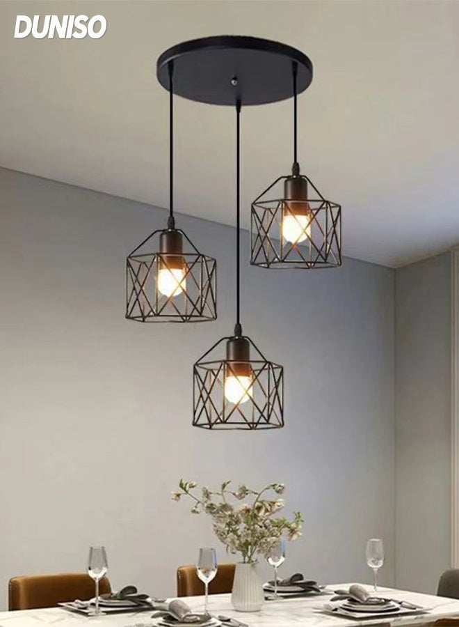 DUNISO 3-Lights Black Modern LED Pendant Light Vintage Geometric Chandelier Light Adjustable Height Metal Diamond Shaped Lampshade Hanging Light for Kitchen Island Bedroom Living Room Foyer Staircase Hallway - Image 1