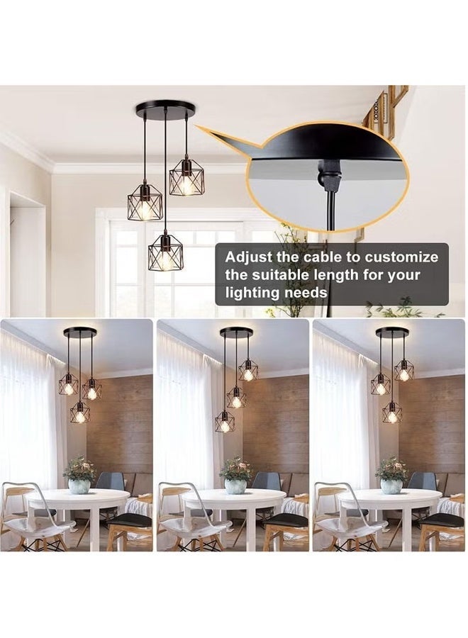 DUNISO 3-Lights Black Modern LED Pendant Light Vintage Geometric Chandelier Light Adjustable Height Metal Diamond Shaped Lampshade Hanging Light for Kitchen Island Bedroom Living Room Foyer Staircase Hallway - Image 3