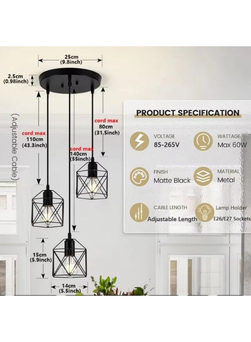 DUNISO 3-Lights Black Modern LED Pendant Light Vintage Geometric Chandelier Light Adjustable Height Metal Diamond Shaped Lampshade Hanging Light for Kitchen Island Bedroom Living Room Foyer Staircase Hallway - Image 2