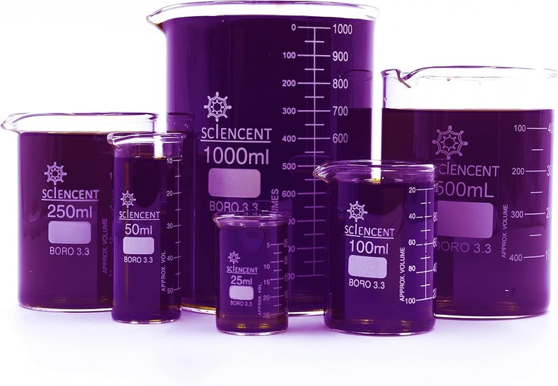 SCIENCENT WITH DEVICE SCIENCENT Glass Beaker Set of 6 Borosilicate Thick Wall - 25ml, 50ml, 100ml, 250ml, 500ml, 1000ml (Set of 6) - Image 1