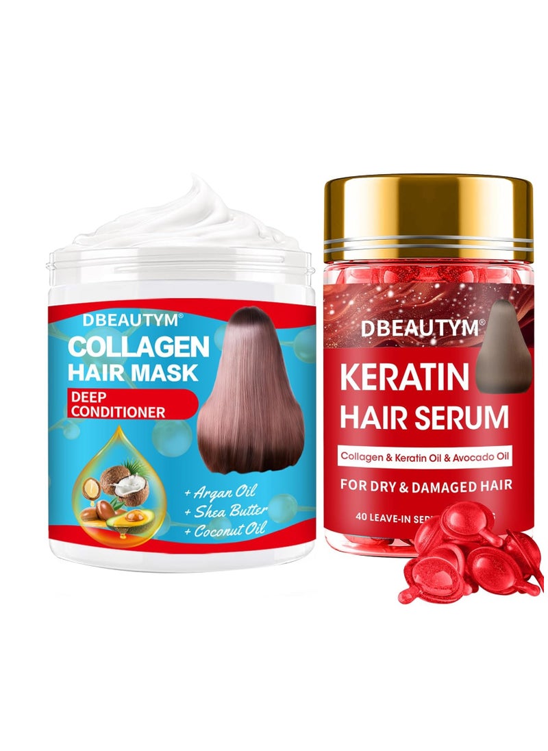 DBEAUTYM Collagen Hydrating Hair Mask Keratin Hair Serum,Natural Deep Conditioner Hair Mask,Moisturizing Hair Oil for Split Ends, Hair Styling Serum for Frizzy & Dry Hair,Keratin Styling Oil Capsules  - Image 1