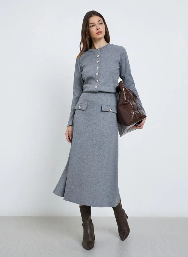 Styli Grey Ribbed A-Line Midi Skirt