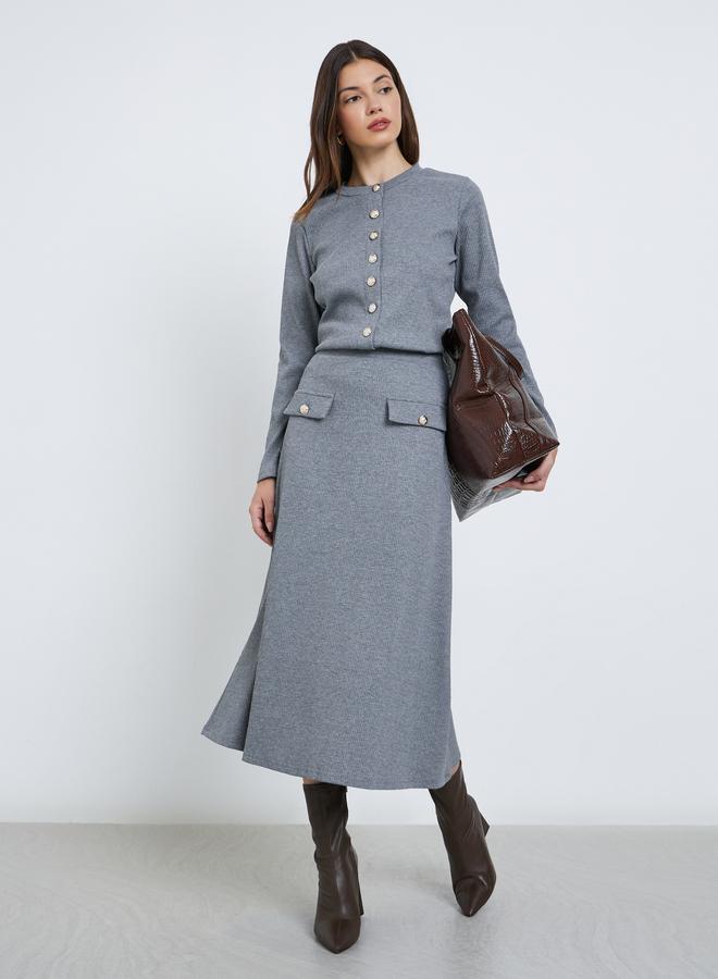 Styli Grey Ribbed A-Line Midi Skirt - Image 1