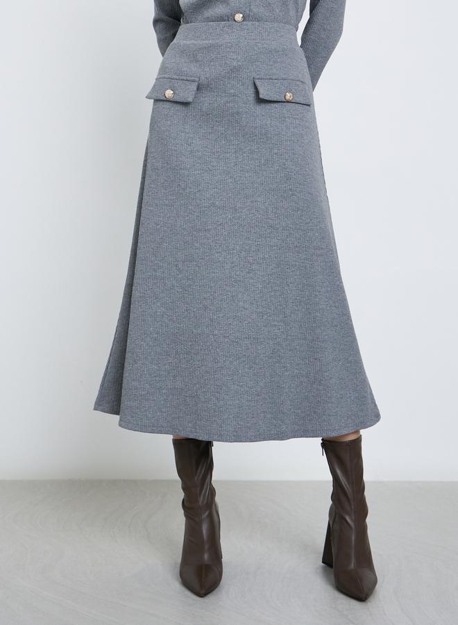 Styli Grey Ribbed A-Line Midi Skirt - Image 2