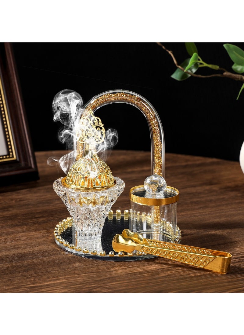ماركة غير محددة طقم مبخرة فحم، مبخرة عود، مبخرة فحم، مجموعة كريستالية - 3 قطع، طقم مبخرة مطلية بالذهب الفاخر  - Image 1