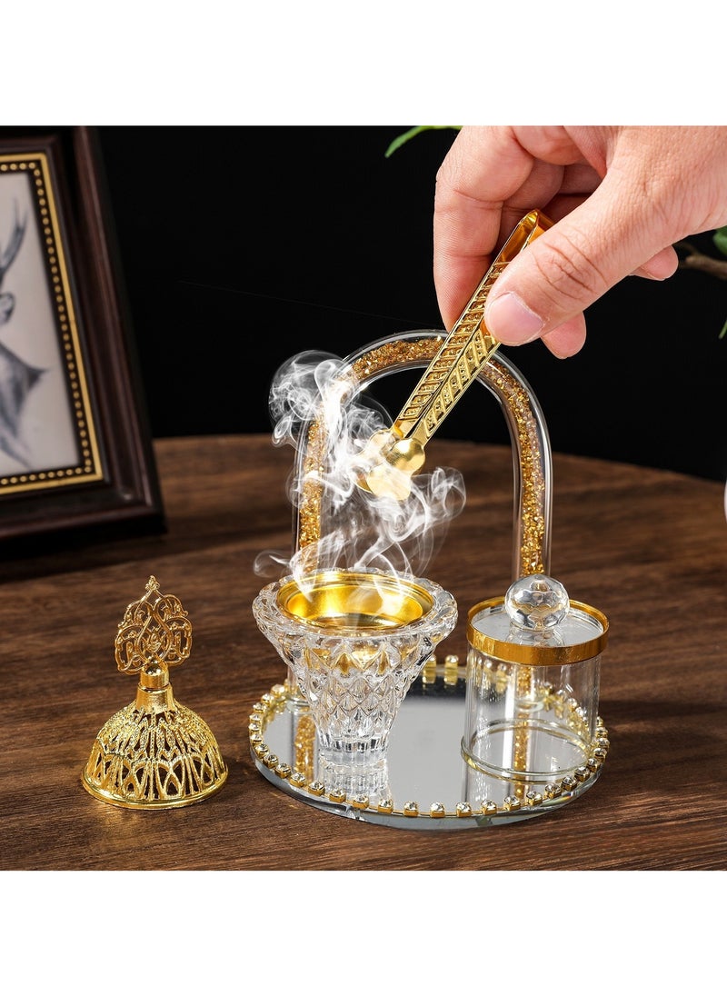 ماركة غير محددة طقم مبخرة فحم، مبخرة عود، مبخرة فحم، مجموعة كريستالية - 3 قطع، طقم مبخرة مطلية بالذهب الفاخر  - Image 3