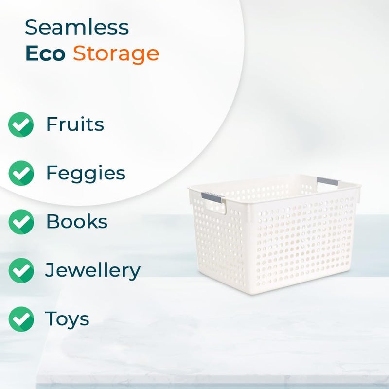 Kuber Industries Kuber Industries Small Hollow Storage Basket With HandleKitchen Home Organizer For WardrobeTray For Toys Fruits Books White Set of 2  - Image 4