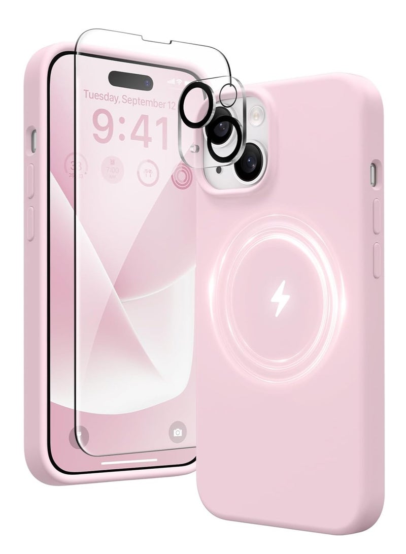 ELTRAZONE 5 in 1 for iPhone 15 Case Magnetic, Compatible with Magsafe, with 2X[Screen Protectors + Camera Lens Proctetors], Slim Full Body Case, Skin-Like Silicone Phone Case 6.1", Pastel Pink - Image 1