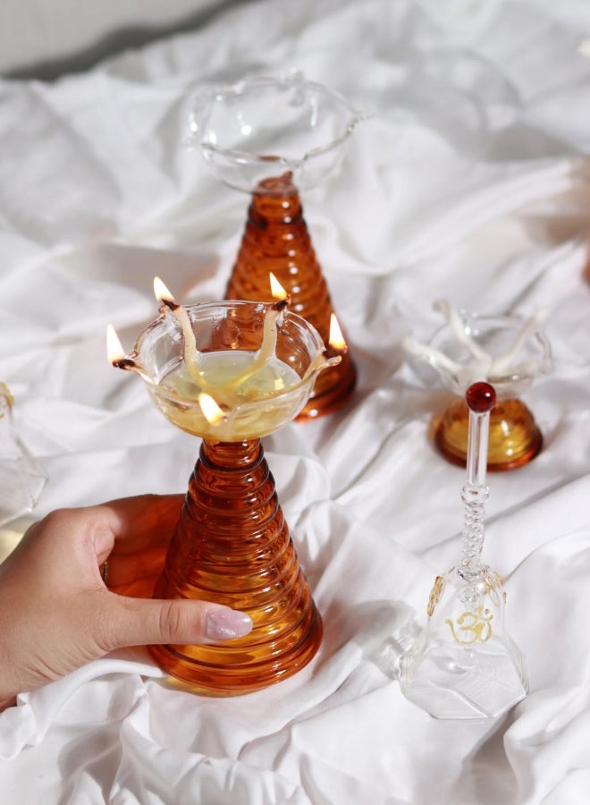 Muun Home Festive Gift Set with Tall Diya, Short Diya, and Ringing Bell - Amber Color - Image 3