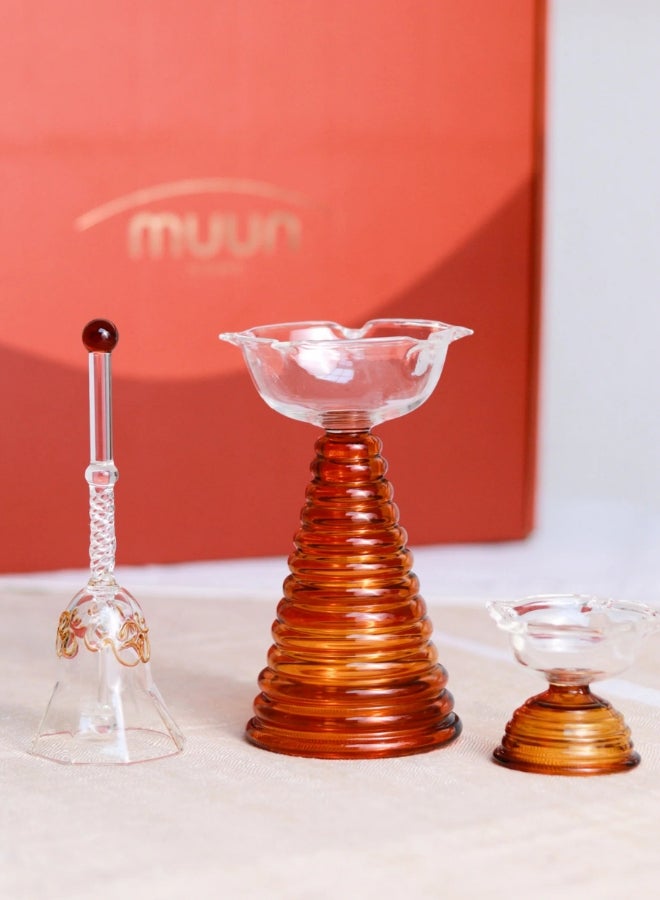 Muun Home Festive Gift Set with Tall Diya, Short Diya, and Ringing Bell - Amber Color - Image 1