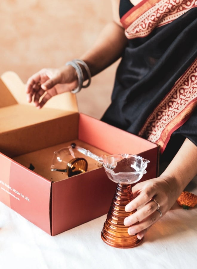 Muun Home Festive Gift Set with Tall Diya, Short Diya, and Ringing Bell - Amber Color - Image 5
