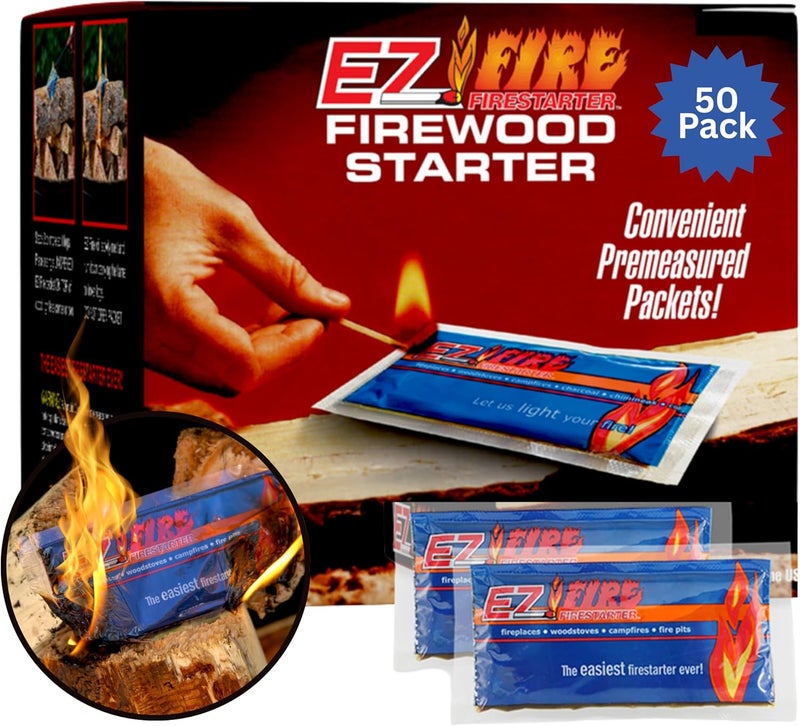 EZ FIRE FIRESTARTER مشعلات نار طبيعية بالكامل للتخييم، مواقد النار، الشواء والمدافئ - تحترق لفترة طويلة، مقاومة للعوامل الجوية، غير سامة وسهلة الإشعال | 50 عبوة - Image 1