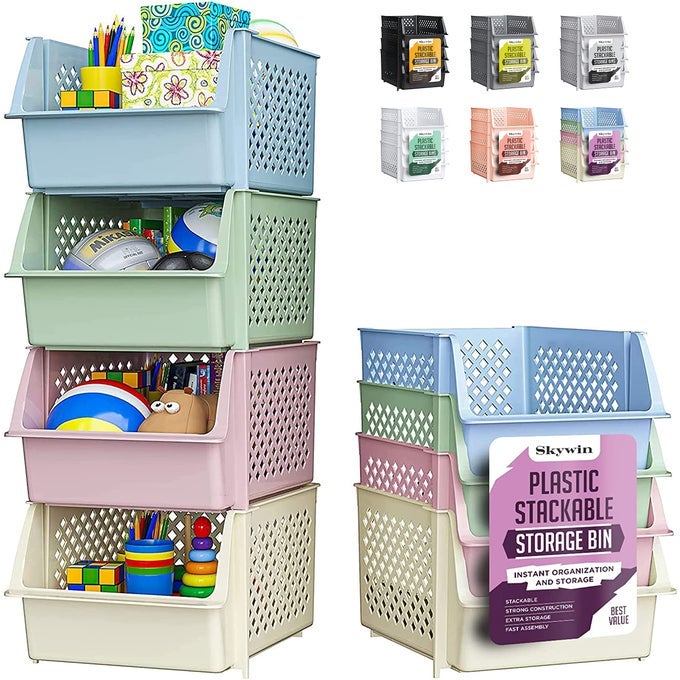 TIDYFRIEND STACKABLE STORAGE BINS FOR PANTRY 4 PACK STACKABLE BINS FOR ORGANIZING FOOD KITCHEN AND BATHROOM ESSENTIALS MULTI