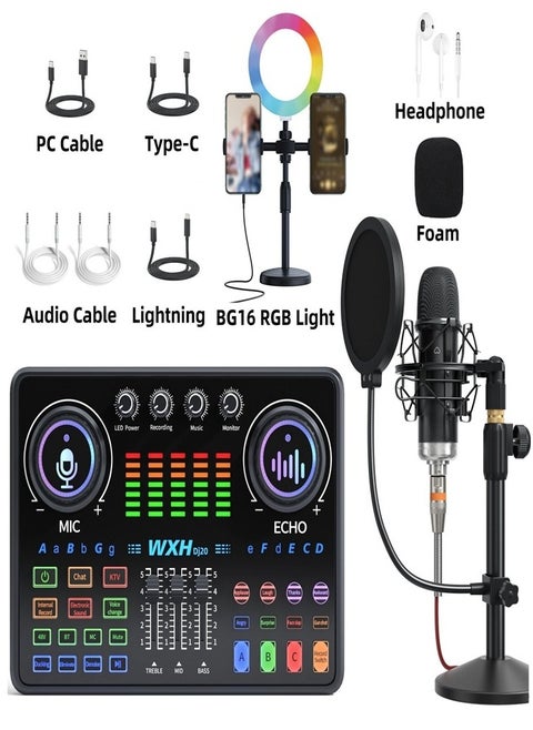 Live Streaming and Tik Tok Bundle - Studio Mic, Sound Card, RGB Light Strip, Noise Cancelling Audio Sound Card Mixer (with Phone and Computer Holder)