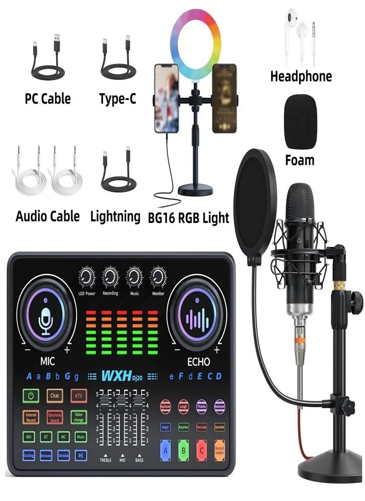 Generic - Live Streaming and Tik Tok Bundle - Studio Mic, Sound Card, RGB Light Strip, Noise Cancelling Audio Sound Card Mixer (with Phone and Computer Holder) - Image 1