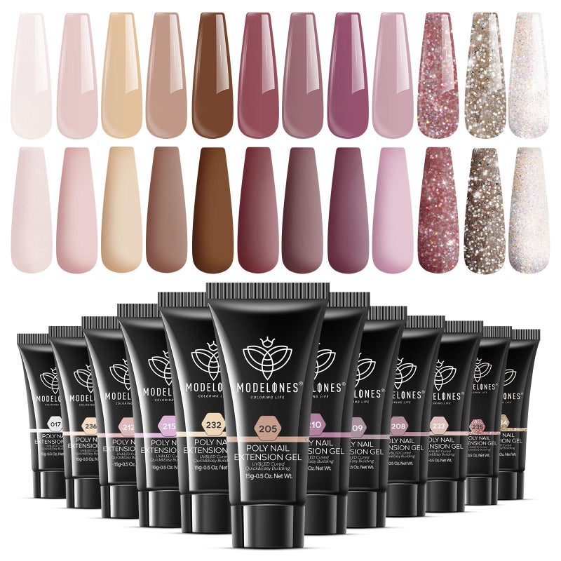 modelones Poly Extension Gel Kit for Nail, 12 Colors Pink Glitter Nude Tones Poly Nail Gel Set French Manicure DIY Design Art Home Salon Gifts - Image 1