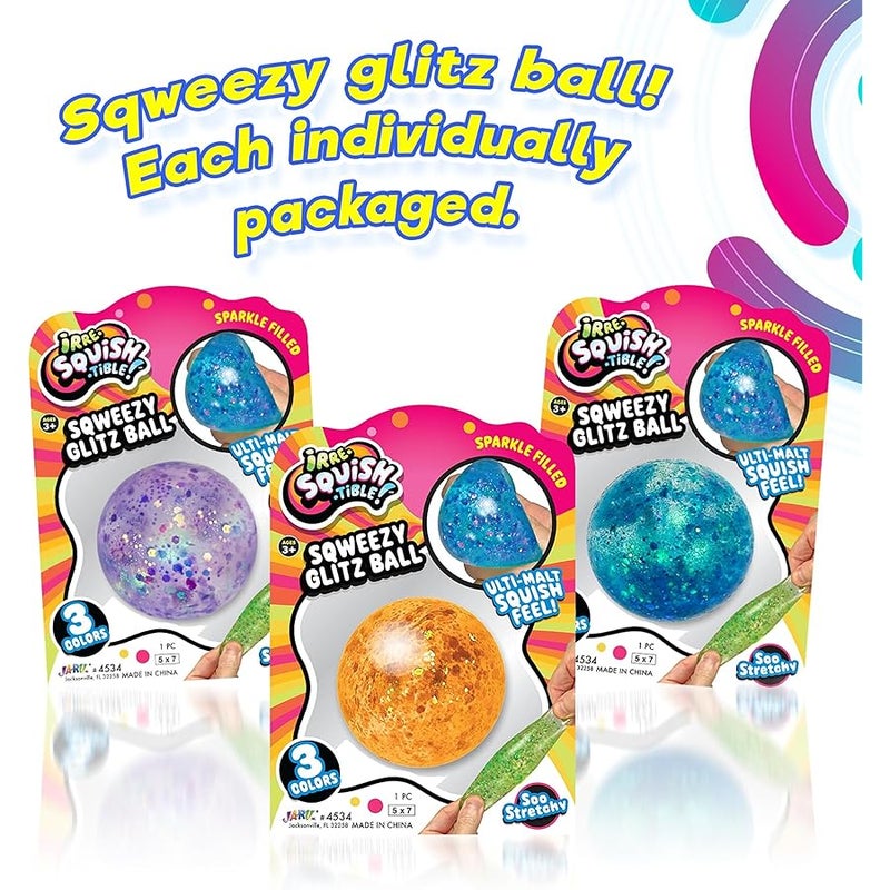 Ja-Ru Sqweezy Glitz Ball (1 Ball Assorted) Sparkle Filled Squishy Toy for Boys & Girls. Stretchy Ultra Squish Feel Fidget for Kids, Teen, & Adult. Irresistible Sensory Relief Party Favor. 4534-Glitz-1 - Image 3