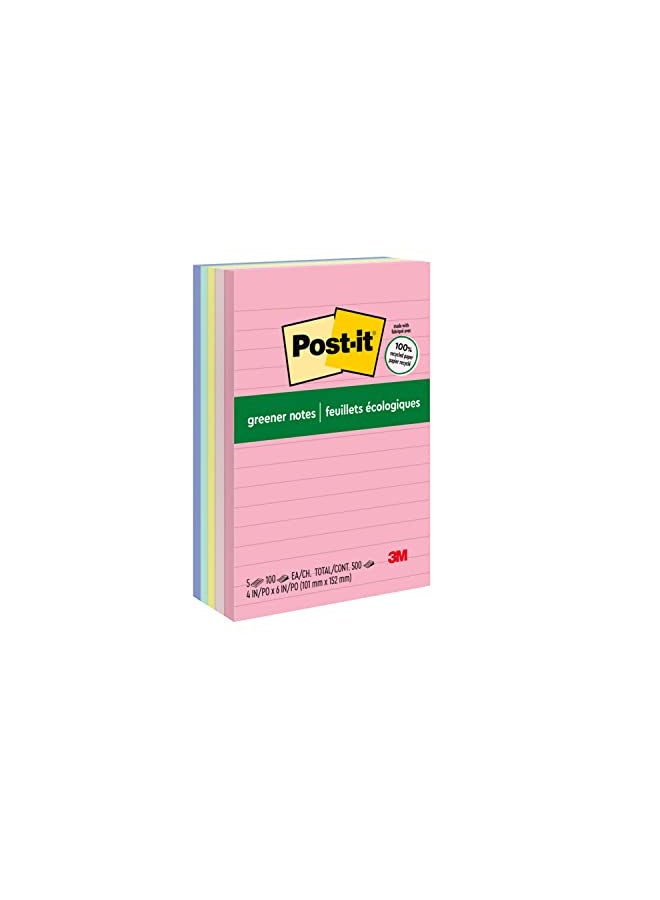 Post-it Greener Notes, 4x6 in, 5 Pads, America's #1 Favorite Sticky Notes, Sweet Sprinkles Collection, Pastel Colors, Clean Removal, 100% Recycled Material (660-RP-A) - Image 1
