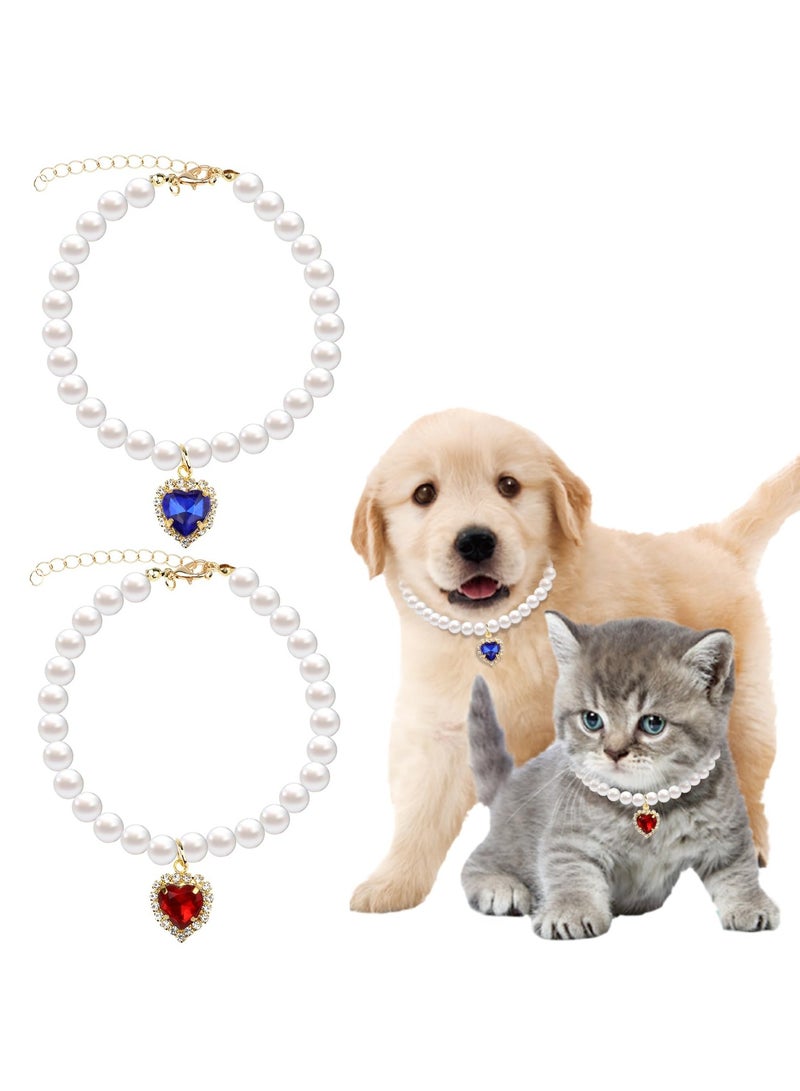 SUNSAR 2 Pcs Pearl Cat Necklace Cat Collar with Rhinestone Heart Pet Jewelry Accessories Birthday Wedding Collar for Cats Puppy Dress Accessories - Image 1